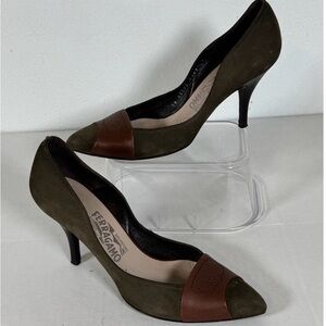 FERRAGAMO—Olive Green Suede Heels, Size 8 / 38